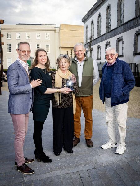 Blánaid MacCann, who received the Waterford News &amp; Star Green Room 2026 Lifetime Achievement Award, pictured with members of the judging panel, Des O'Keeffe, Mary Frances Ryan, Waterford News &amp; Star editor, Michael Grant and Pat McEvoy, arts correspondent. 	Photo: Joe Evans