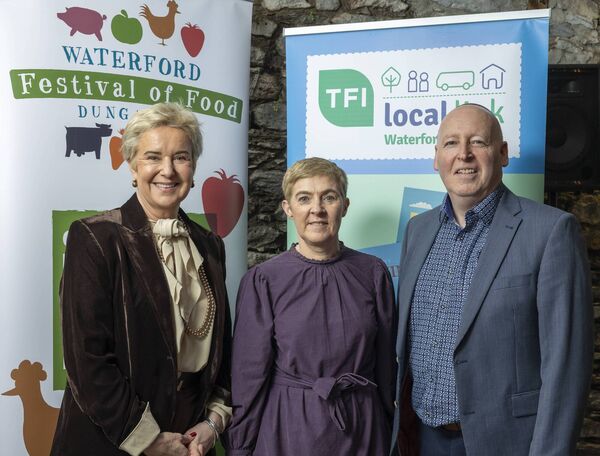Pictured at the launch of the 2026 Waterford Festival of Food at 360 Cookhouse in Dungarvan on March 12 were (L–R) Eunice Power, WFOF, Karen Sandford and Damien Tobin, of Local Link.	Photo: John Foley