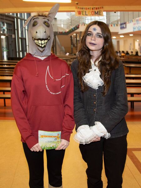 All dressed up for World Book Day at Ard Scoil na Mara: Kate Hutchinson, My Birthday Party, and Ella Hennessy, "Blue Star Personified". 	Photo: John Power