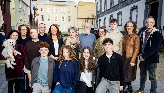 <p> Blánaid MacCann, who received the Waterford News &amp; Star Green Room 2026 Lifetime Achievement Award, pictured here with her husband Liam, children and grandchildren. Photo: Joe Evans</p>