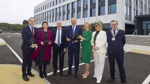 <p>Minister John Cummins, Sarah Hickey Senior Investment Director ISIF, Noel Frisby Snr, Frisby, An Taoiseach Micheál Martin, Veronica Campbell, President SETU, Minister Mary Butler and Mayor of Waterford Seamus Ryan.	Photo: Patrick Browne</p>