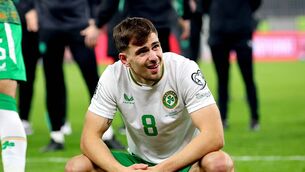 <p>Ireland’s Jayson Molumby at the end of the game against Hungary. Photos: INPHO/Ryan Byrne</p>