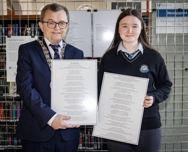 Mayor Seamus Ryan with Bonnie McLaughlin, Blackwater College, winners in the Junior Cycle Poetry. Mayor Seamus Ryan with Bonnie McLaughlin, Blackwater College, winners in the Junior Cycle Poetry.
