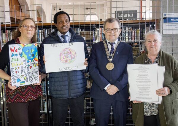 Mayor of Waterford City & County Cllr Seamus Ryan with Sinead Cummins, Waterford City Library, Marc Mbanda, Waterford Integration Services and Ann Nolan, Waterford Integration Services. Mayor of Waterford City & County Cllr Seamus Ryan with Sinead Cummins, Waterford City Library, Marc Mbanda, Waterford Integration Services and Ann Nolan, Waterford Integration Services.