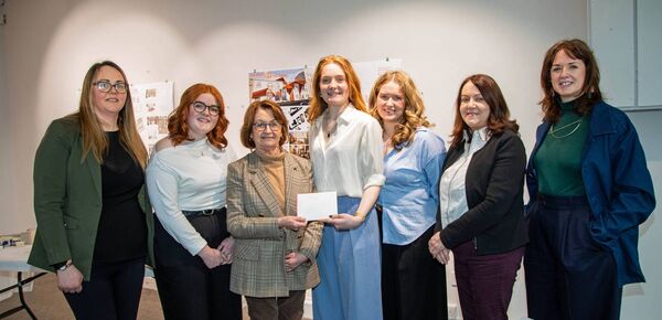 Pictured is Stephanie Taheny, Chair, BOM, GOMA presenting the winning team that included Niamh McKeogh, Alice Tyrrell and Hannah Lanigan with their winning prize. Also included are Jenna Whelan, Artistic Director, GOMA, Dr. Sharon O'Brien, SETU, and Jenny O'Leary, SETU. Photos: John Power Pictured is Stephanie Taheny, Chair, BOM, GOMA presenting the winning team that included Niamh McKeogh, Alice Tyrrell and Hannah Lanigan with their winning prize. Also included are Jenna Whelan, Artistic Director, GOMA, Dr. Sharon O'Brien, SETU, and Jenny O'Leary, SETU. Photos: John Power