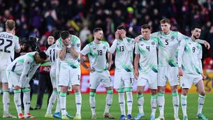 <p>The Ireland team dejected after losing to the penalty shootout against Czechia. Photos: INPHO</p>