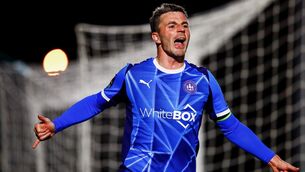 <p>Waterford FC's Padraig Amond celebrates scoring against Shamrock Rovers. Photo: INPHO/Ken Sutton</p>
