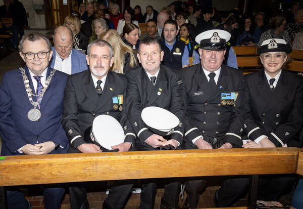  Mayor of Waterford City &amp; County Cllr Seamus Ryan with members of the Irish Coast Guard, at the Massed Bands 20th Anniversary Concert, in the Sacred Heart Church The Folly. Photo: Joe Evans