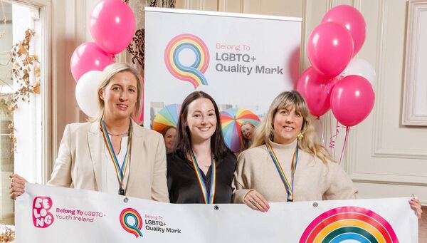 Pictured receiving the Belong To LGBTQ+ Quality Mark at a ceremony in The Royal Marine Hotel, Dun Laoghaire, are staff from Blackwater Community School, Lismore. 
