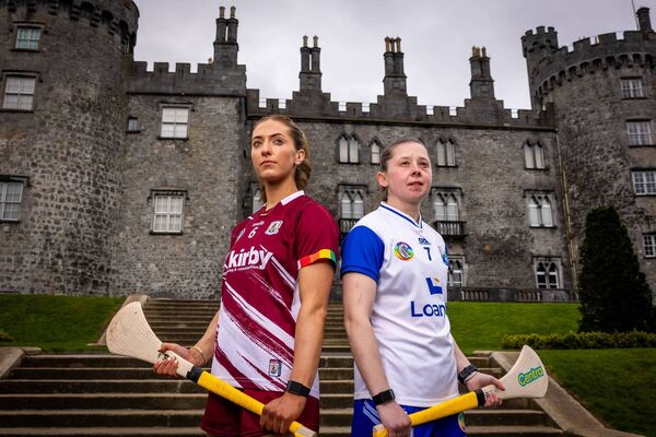 Galway’s Ciara Hickey with Waterford's Orla Hickey at Kilkenny Castle at the Launch of the Centra National Camogie League finals.