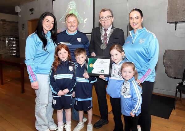 The Mayor of Waterford City &amp; County, Cllr.Seamus Ryan presents Roanmore GAA &amp; Camogie Club with a Special Recognition Award, included were Valerie O'Brien, Jacinta McLawrence, Saoirse and Fionn Hayes, Brianna Connaughton, Willow and Luna Connaughton-Smith.