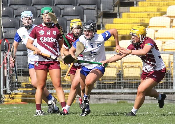 Waterford's Alannah McNulty comes out of this tussle with possession against Galway. Waterford's Alannah McNulty comes out of this tussle with possession against Galway.