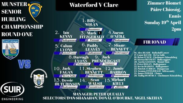Waterford team to face Clare is confirmed.
