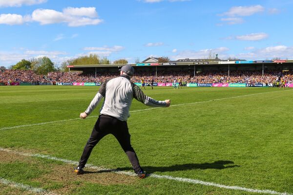 Clare Manager Brian Lohan celebrates on the touchline at the final whistle after victory over Waterford.