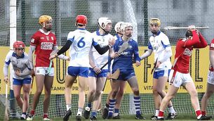 <p>Waterford goalkeeper James Comerford receives the congratulations from his teammates as the Cork forward can't believe his first-half save during their Munster Under 20 championship clash played at Cappoquin Logistics Fraher Field. Photos: Noel Browne</p>