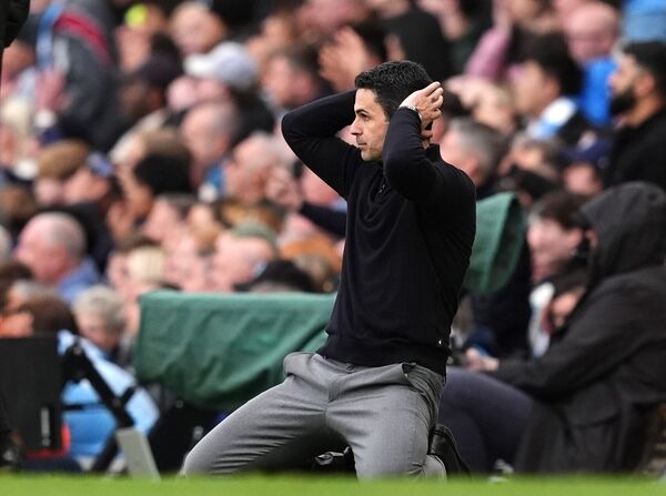 Arsenal manager Mikel Arteta reacts to the loss against Manchester City at the Etihad Stadium. Photo: Martin Rickett/PA Wire.