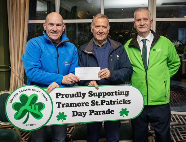  Pictured at the Majestic Hotel Tramore, for the presentation to the winners of the Tramore St. Patrick's Day Parade, are Tramore RNLI, winners kindly sponsored by Tramore Amusement Park, from left, Michael Garland, Eamon Mongey, Tramore RNLI, and Johnny O'Grady, Chairperson.