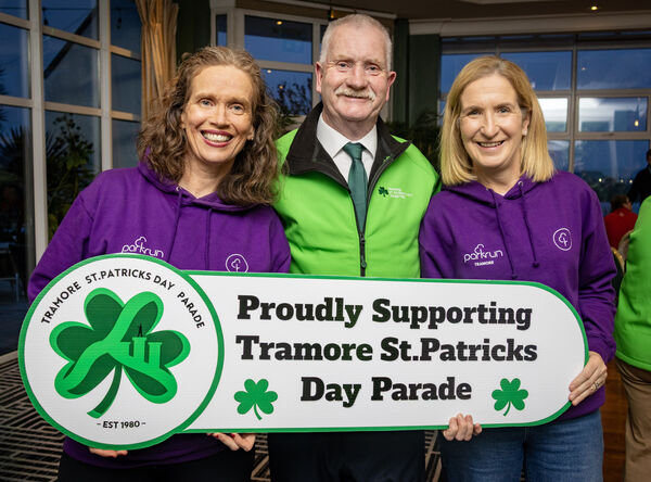  Pictured at the Majestic Hotel, Tramore, for the presentation to the winners of the Tramore St. Patrick's Day Parade, are Deirdre Chapman and Mary Burke, Tramore Park Run, Grand Marshals, with Johnny O'Grady, Chairperson.