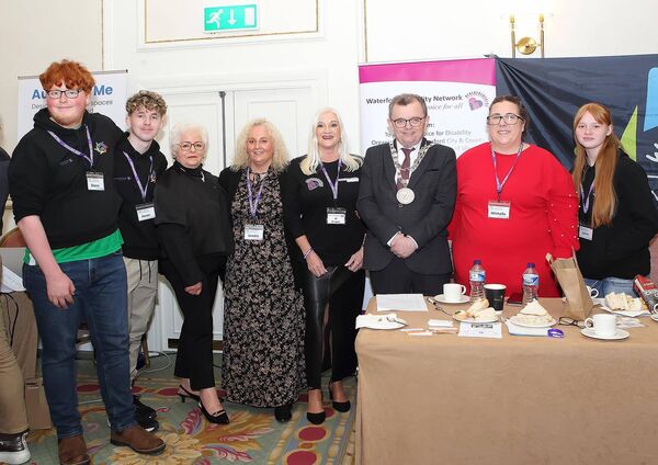 The Mayor of Waterford City &amp; County, Cllr. Seamus Ryan pictured with Shane Barry, Aaron Griffin, Michelle Cullinane, Jaimie Kelly, Kitty Galvin, Sandra Crowley and Jo Cregan from Waterford Disability Network.