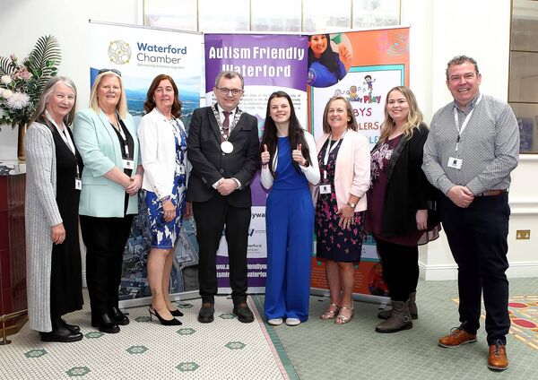 The Mayor of Waterford City &amp; County, Cllr. Seamus Ryan pictured with inspirational speaker Cara Darmody and the committee of Autism Friendly Waterford, from left,  Maolíosa Ní Chléirigh, Frances Jacob, Mary Rea, Tony O'Neill, Tish Holton and Aisling White.