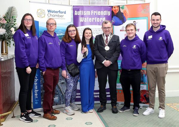 The Mayor of Waterford City &amp; County, Cllr. Seamus Ryan pictured with inspirational speaker and Teen Activist Cara Darmody and the Autism Friendly Waterford Young Ambassadors, from left, Megan Jacob, Patrick O'Brien, Sarah Halley, Liam Holton and Sean O'Neill.