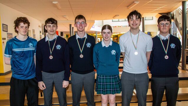 <p>The school won bronze in the team event: Alfie Corcoran, Cormac Sims, Cian O'Cadhal, Oscar Mullane. Also in photo are Liam Casey (centre left - winner of Post Junior Cert Boys) and Eimear Casey (centre right - Second in Third Year Girls). Photo: John Power </p>