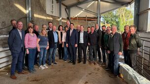 <p>Minister for Agriculture, Martin Heydon, and Minister of State John Cummins pictured with IFA and party members at Delahunty’s Farm in Harristown, Co. Waterford.</p>