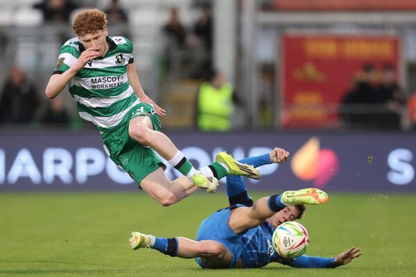 Waterford FC midfielder Evan McLaughlin wins this tackle with Shamrock Rovers' Adam Brennan during their clash at Tallaght Stadium.