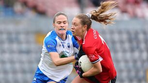 <p>Waterford's Emma Murray and Cork's Rachael Leahy in a battle for possession during their TG4 Munster LGFA Senior Championship clash. Photo: Jim Coughlan</p>