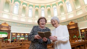 <p>Mary McGillick and Mairéad Bolger, granddaughters donate his original writings the National Library’s archive collection. Photo Credit: Naoise Culhane</p>