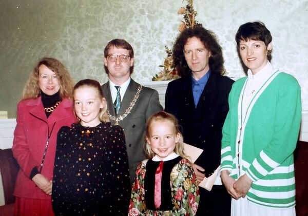 Mayor of Waterford Cllr. Hilary Quinlan pictured with Gilbert O'Sullivan, back in 1992, also included were, Ann O'Sullivan, Helen Marie O'Sullivan, Tara O'Sullivan and Collette Quinlan