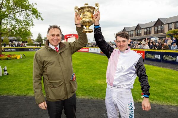 Trainer Henry de Bromhead and jockey Darragh O’Keeffe celebrate winning The Ladbrokes Champion Stayers Hurdle (Grade 1) with Bob Olinger