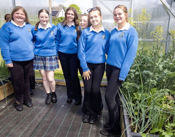 Third year students pictured in the Mercy's new greenhouse. 