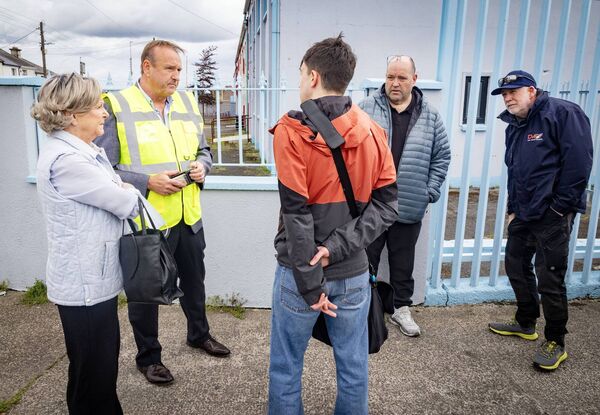 Blanáid MacCann, Nomac, Sean Johnson, Causeway Group, Andrew Hepburn, DG Foods Ltd., and Bill Deevy, DVF, speaking with Waterford News &amp; Star reporter Alex Cunningham at the former Jute Factory. 	Photo: Joe Evans