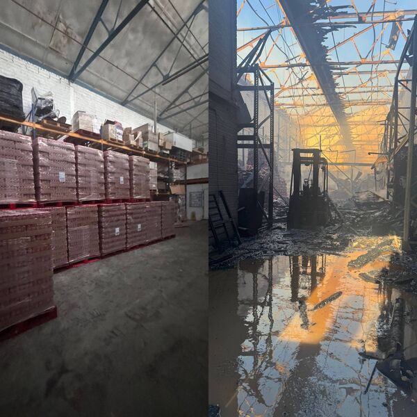 BEFORE AND AFTER: The picture from inside DG Foods at 6.30pm on Saturday to the devastating aftermath the next morning. Photo: Andrew Hepburn