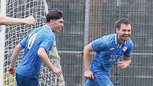 <p>Mark McManus wheels away in delight after scoring for Hibs against De La Salle in the Azzurri Premier League at Mitchell Kennedy Park on Sunday last. Photo: Paul Elliott</p>