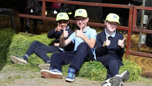 <p>Abeer Varshikar, Mykyta Bichuk and Nella Boylan Grimes at one of five National Dairy Council School Farm Visits taking place across the country this month. This initiative is part of the wider EU milk Scheme.</p>