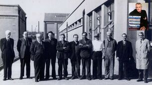 <p>L-R: H.E. Guinness, D.M. Goodbody, Minister for Industry &amp; Commerce Daniel Morrissey, R. O’Connor (secretary I.T. &amp; G.W.U.), J. Forristal, T. Devereaux, J. Waters, J. Grant, P. Greene, M. Farrell, pictured at the Old Jute Factory. Photo: Paul O’Farrell. Top right: Waterford writer Brian Kennedy</p>