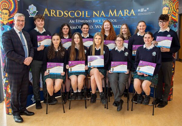 Sixth Year prefects for 2025/2026 who received 'Your Work as a Prefect' awards at the recent Ardscoil na Mara 6th Year awards. Included is Mr. Padraig Cawley, Principal. Photo: John Power