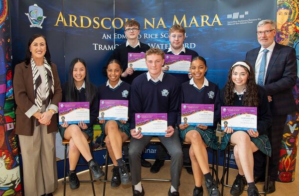 Pictured are prefects for 2025/2026 who received awards at the recent Ardscoil na Mara 6th Year Awards. Included are Ms Power, Deputy Principal and Mr. Cawley, Principal. Photo: John Power