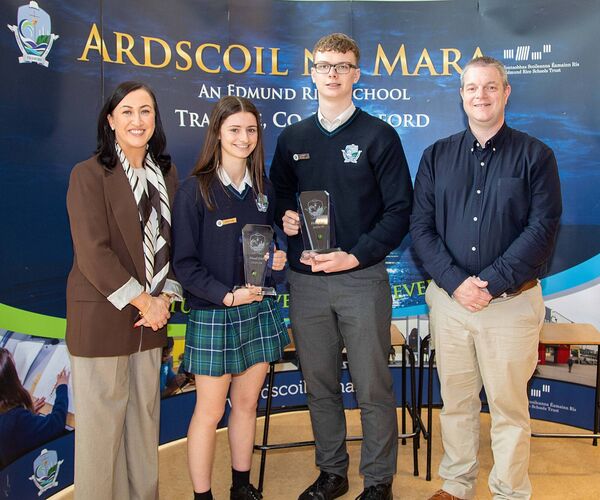 Pictured are Aoife McMahon, Head Girl and Tommy Griffin, Head Boy who received awards at the recent 6th. Year Awards ceremony. Included are Deputy Principal, Ms. Power and Mr. McLaughlin. Photo: John Power