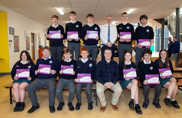 Pictured are Ardscoil na Mara 6th. Year student who received 'Special Merit Certificates'. Included are Mr Cawley, Principal and Mr. McLaughlin. Photo: John Power