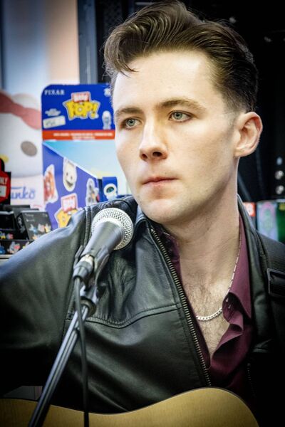 Oran Byrne, performing his latest single 'Knock Some Sense', at Golden Discs in City Square, Waterford. Photo: Joe Evans
