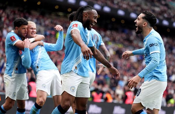 Manchester City's Antoine Semenyo celebrates scoring the opening goal during the Emirates FA Cup final at Wembley Stadium. Photo: Mike Egerton/PA Wire.