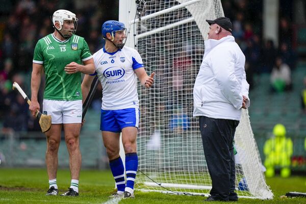 Aaron Gillane of Limerick and Paddy Leavey of Waterford talk to the umpire