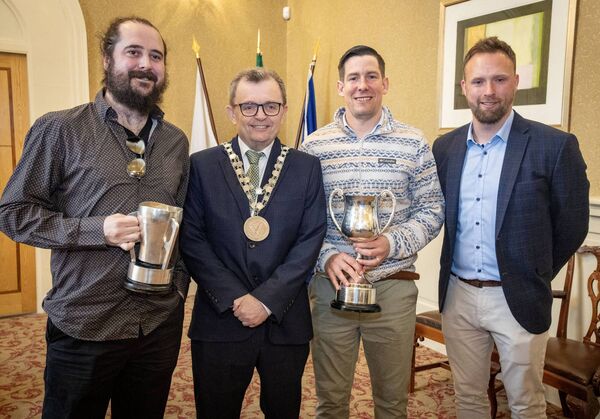 Mayor of Waterford City &amp; County Cllr Seamus Ryan, welcomed the Mount Sion CBS team to City Hall in recognition of their victory in the Niall McInerney Cup when they were crowned All Ireland Senior D Hurling champions and is pictured here with members of the management team, Sean Myles, John Mulhall and Frank Galvin.