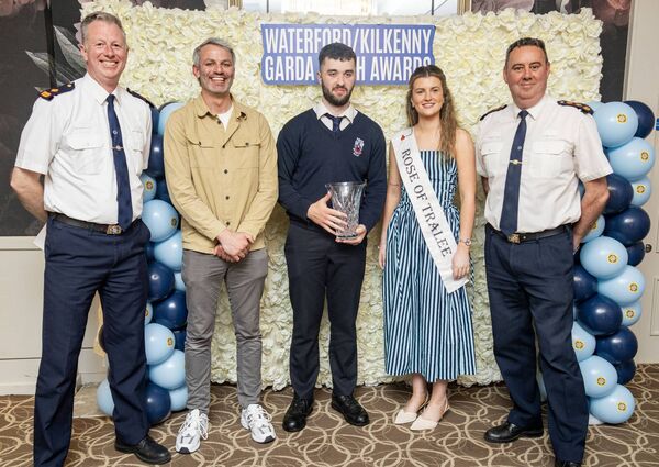 Superintendent Gavin Hegarty, Thomas Barr, Conor Haley, Abbey Community College Individual Award, Rose Of Tralee Katelyn Cummins and Chief Superintendent Anthony Pettit. Superintendent Gavin Hegarty, Thomas Barr, Conor Haley, Abbey Community College Individual Award, Rose Of Tralee Katelyn Cummins and Chief Superintendent Anthony Pettit.