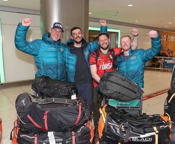 Historic Irish Everest mountaineering team members: Jason Black, Éanna McGowan, Padriag O Hora and Adam Sweeney as they arrived home at Dublin Airport. Picture Brian McEvoy.