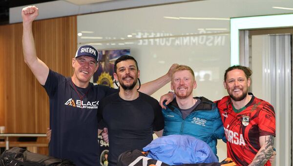 'Homecoming of the Historic Irish Everest Mountaineering Team'. Pictured is Irish Everest expedition team members Jason Black ,Eanna McGowan Padraig O Hora and Adam Sweeney at Dublin Airport. Picture Brian McEvoy