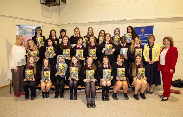TY students from C2 receiving their TY booklet of certificates are pictured with school principal Sally Ronayne, year head Trish Byrne, and tutor Aoibheann Ryan. photo: John Power